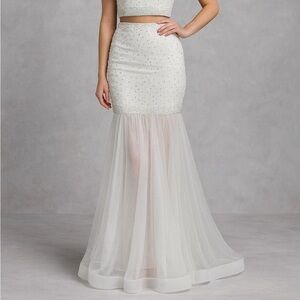 White Trumpet Maxi Skirt Women 2 Formal Beaded Sheer Prom Wedding Rhinestone
